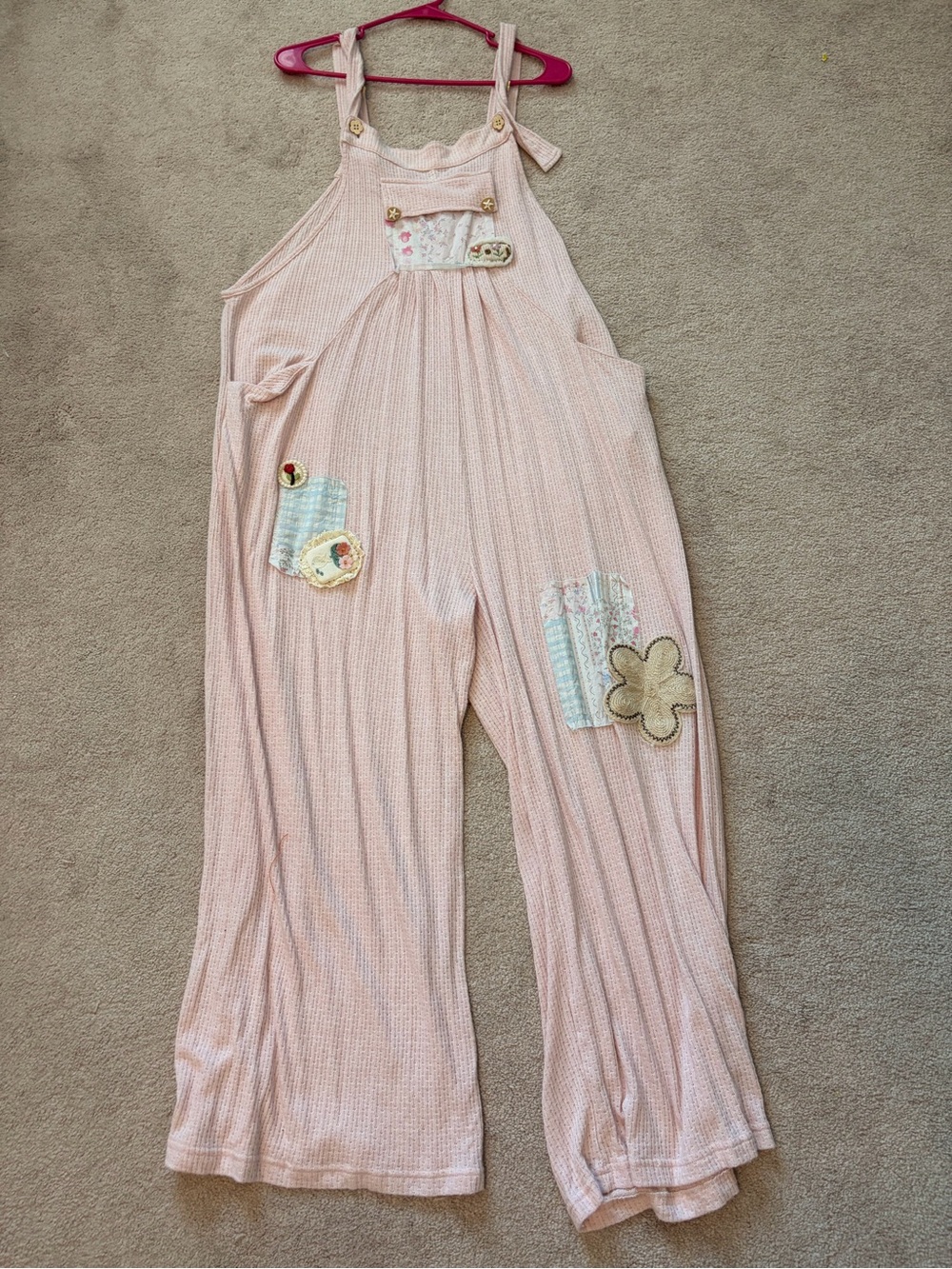 POL Pink Ribbed Overalls with Floral Patch